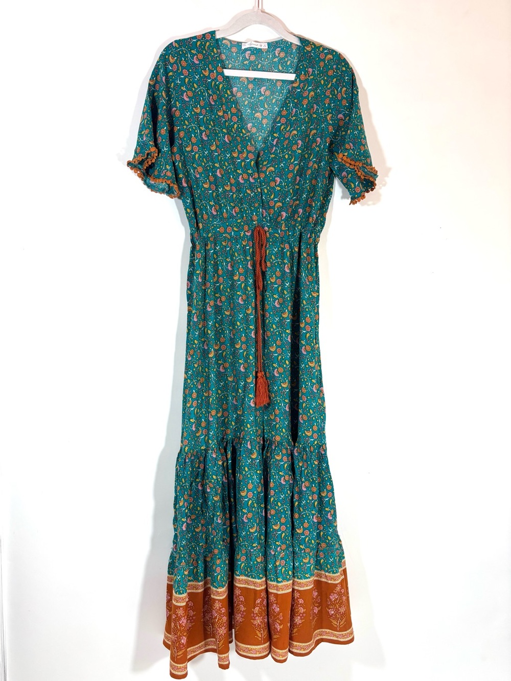 Vintage-Inspired Turquoise & Burnt Orange Bohemian Tiered Floral Maxi Dress 4/6